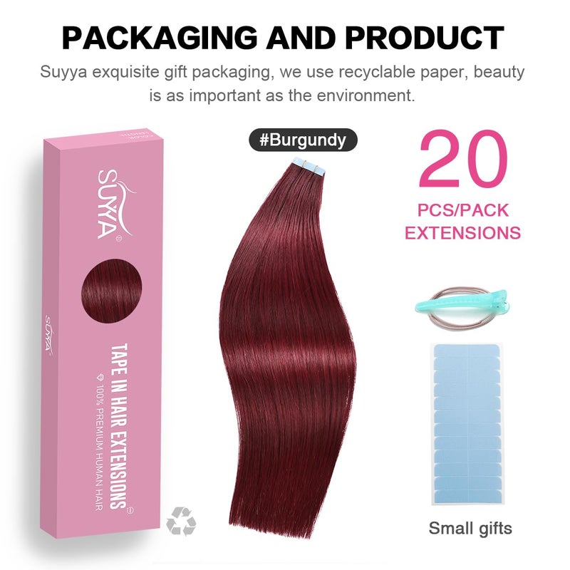 SUYYA Tape in Hair Extensions Burgundy 100% Real Human Hair 12 inches 20pcs 40g/pack Straight Seamless Skin Weft Wine Red Tape Hair Extensions(12 inches#Burgundy) - Image 2